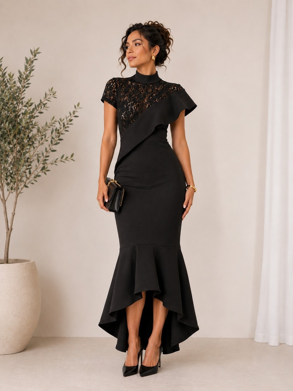 Elegant Black Lace-Top High-Low Dress